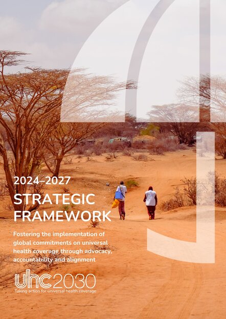 Strategic Framework cover, with the title and a photo of two health care providers walking towards a rural village