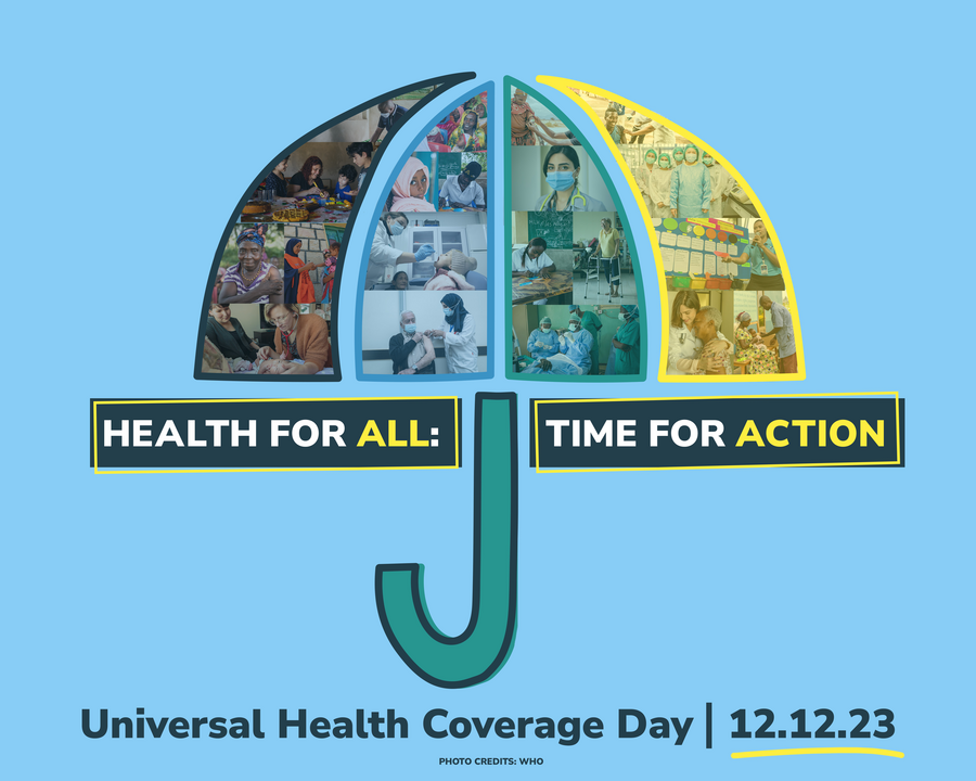 UHC Day theme graphic with the following text: Health for all: Time for Action, Universal Health Coverage Day, 12.12.23